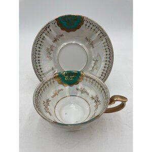 Vintage Teacup & Saucer Set With Gold Trim & Green Floral Accents